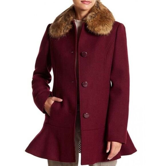 Kate Spade New York Celebrity Faux Fur Collar Wool Blend Flounce Red Coat Size M